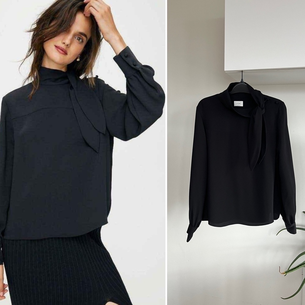Aritzia Babaton Women’s Black Tie-Neck Formal Celeb Grad Party Evening Blouse